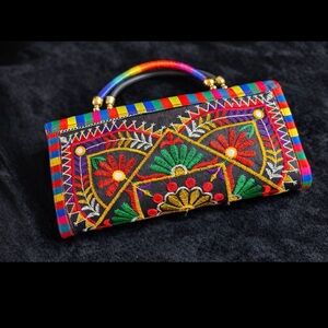 Boho Embroidered Clutch Colorful Festival Statement Purse